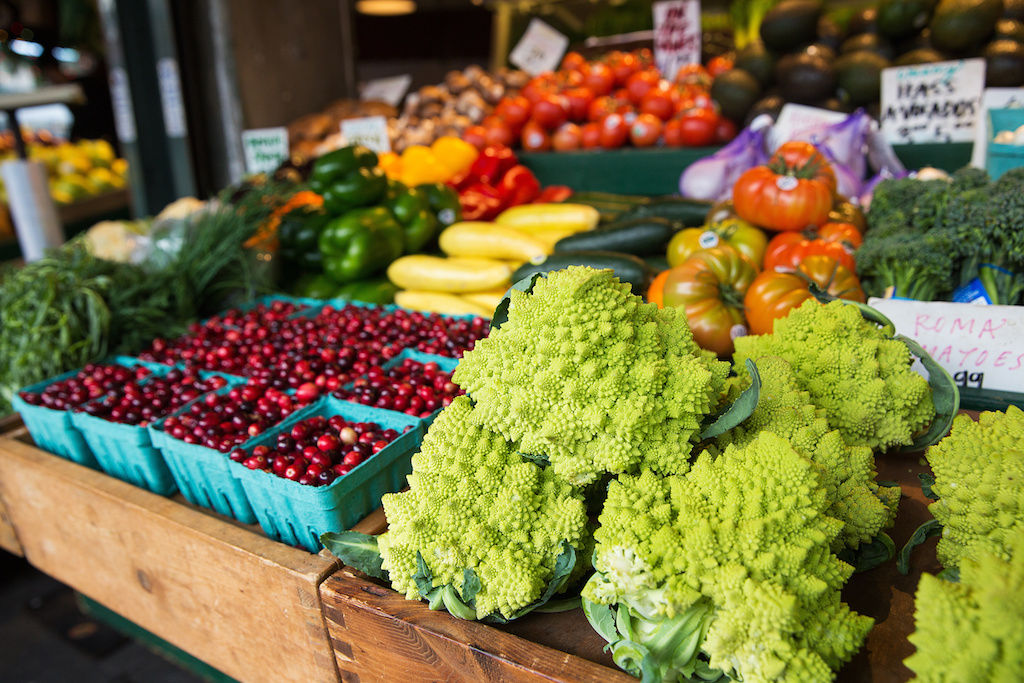 Fruits and vegetables for sale at farmers market